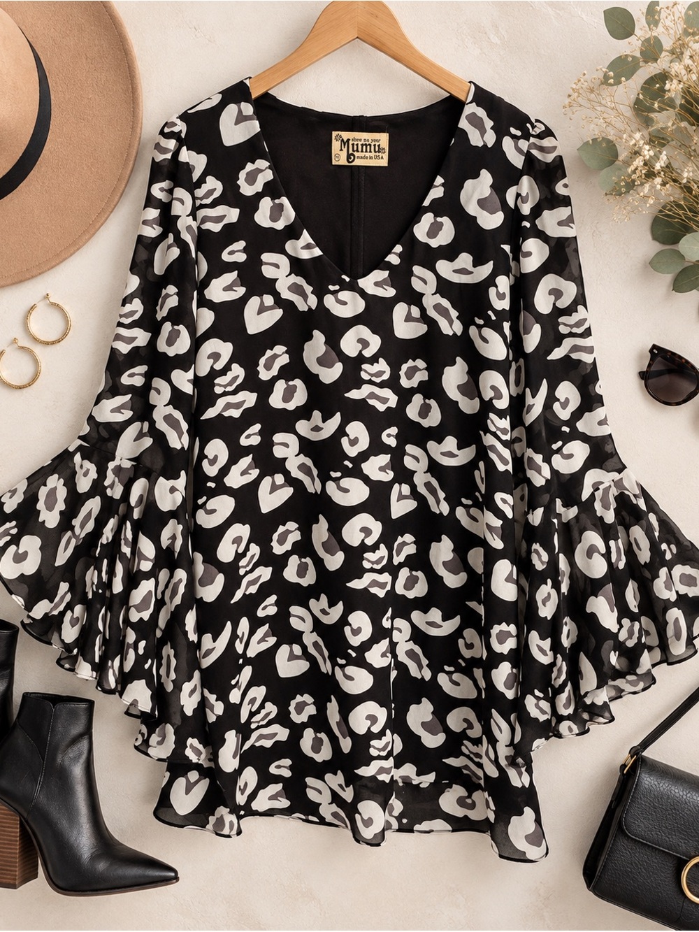 Show Me Your Mumu Black White Leopard Print Bell Sleeve Dress Made in USA
